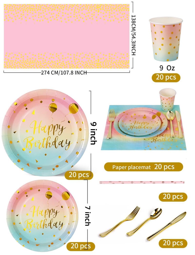 Nkaiso Birthday Party Tableware  161 Pieces Rainbow gold Party Supplies  Party Dinnerware Sets Include Paper Plates Napkins Cups Silverware  for Shower Engagement Parties Decoration -20 Serves - Image 2