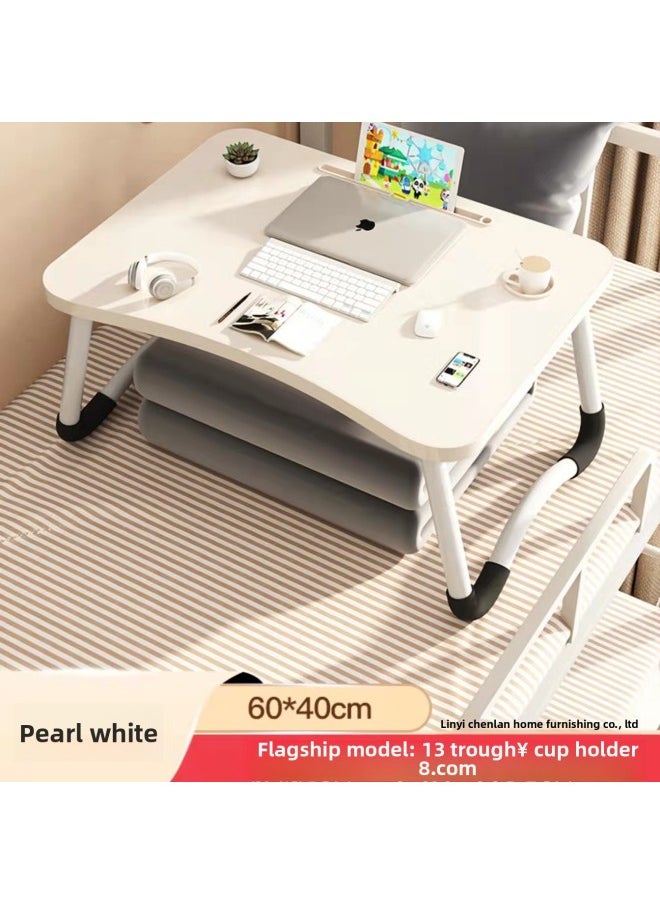 Multifunctional Foldableable Bed Small Table, Dormitory Cartoon Study Computer Table, Home Simple Lazy Desk-Color:Curved Anti-slip Leg Slot Cup Holder 60*40*28 White  - Image 1