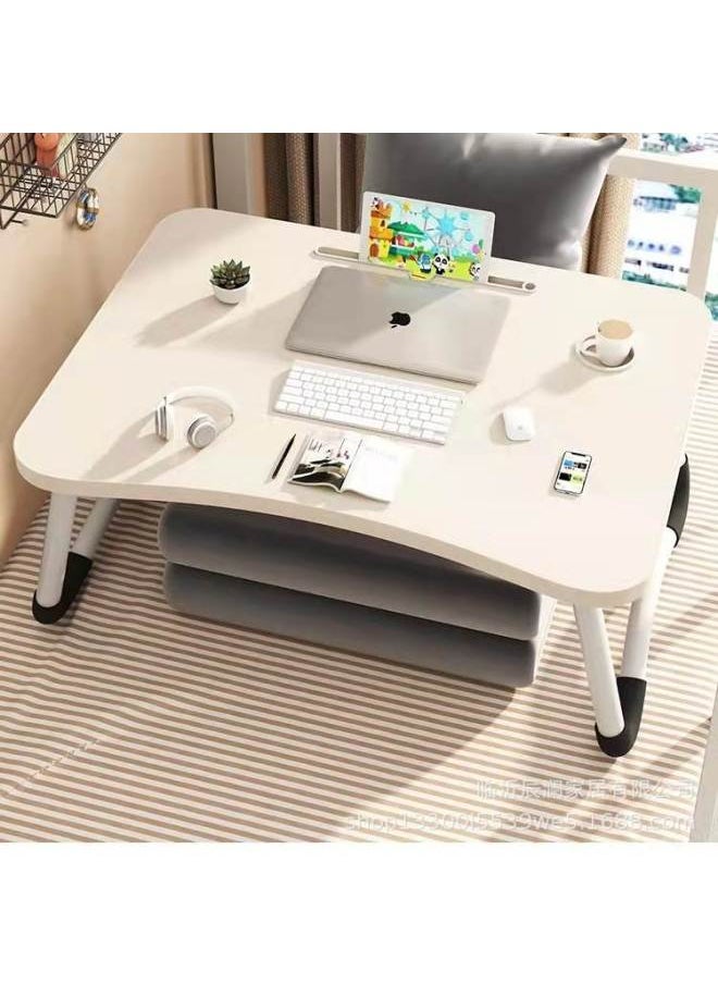 Multifunctional Foldableable Bed Small Table, Dormitory Cartoon Study Computer Table, Home Simple Lazy Desk-Color:Curved Anti-slip Leg Slot Cup Holder 60*40*28 White  - Image 3