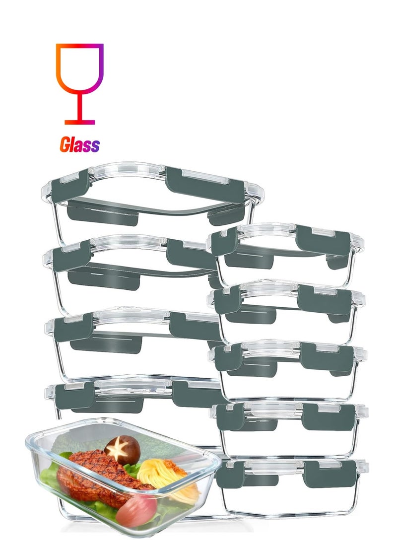 TYCOM Glass Meal Prep Containers (10 pcs Rectangle) - Glass Food Storage Containers with Lids, Glass Lunch Box, Portion Control, Airtight, Glass Bento Box Lunch Containers- 10P Rectangle Grey  - Image 1