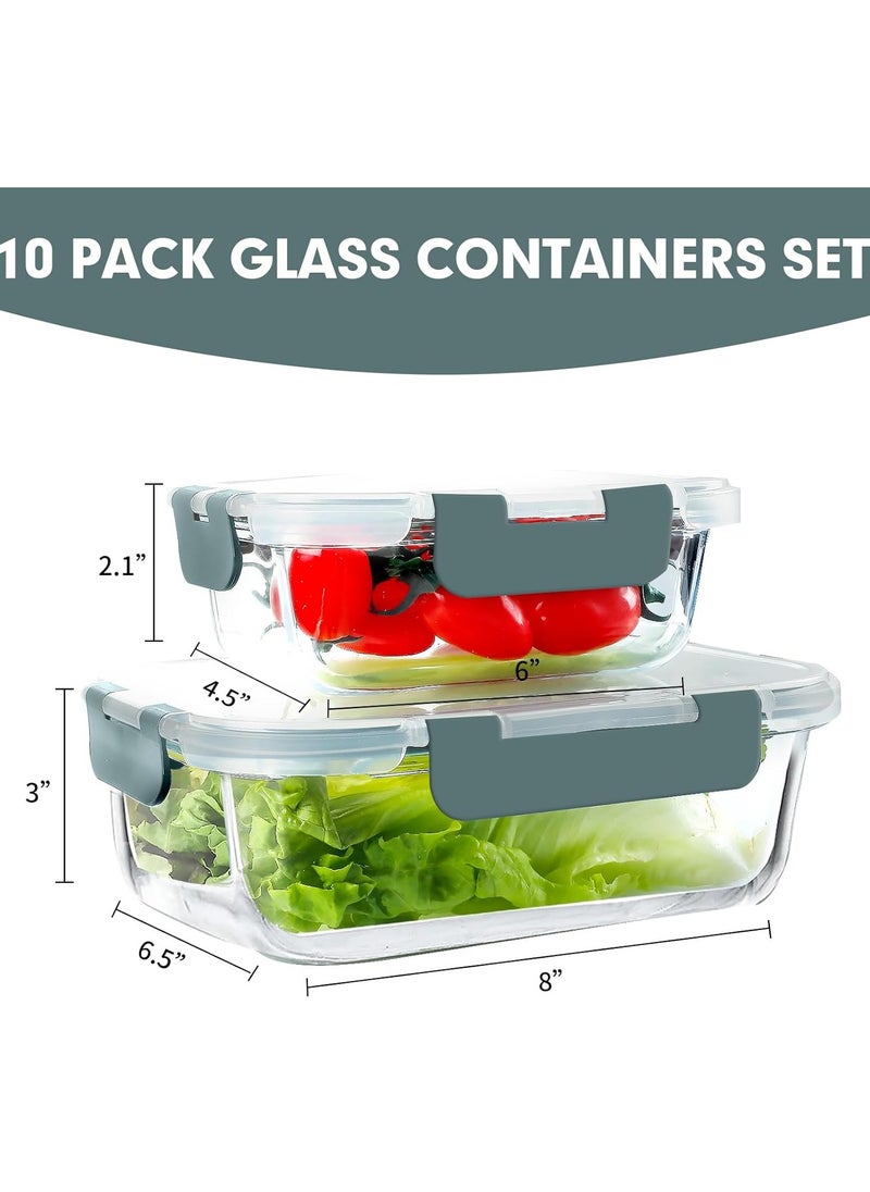 TYCOM Glass Meal Prep Containers (10 pcs Rectangle) - Glass Food Storage Containers with Lids, Glass Lunch Box, Portion Control, Airtight, Glass Bento Box Lunch Containers- 10P Rectangle Grey  - Image 2