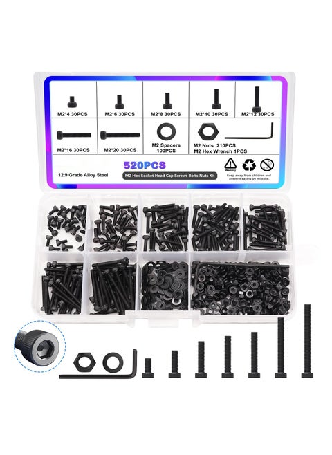 M2 Small Screw Assortment Suitable for 3D Printer DIY, M2 x 4/6/ 8/10/12/16/20mm Hex Socket Head Cap Screws Bolts Nuts Kit, 520PCS 12.9 Grade Alloy Steel Assorted Screws with Hex Wrench