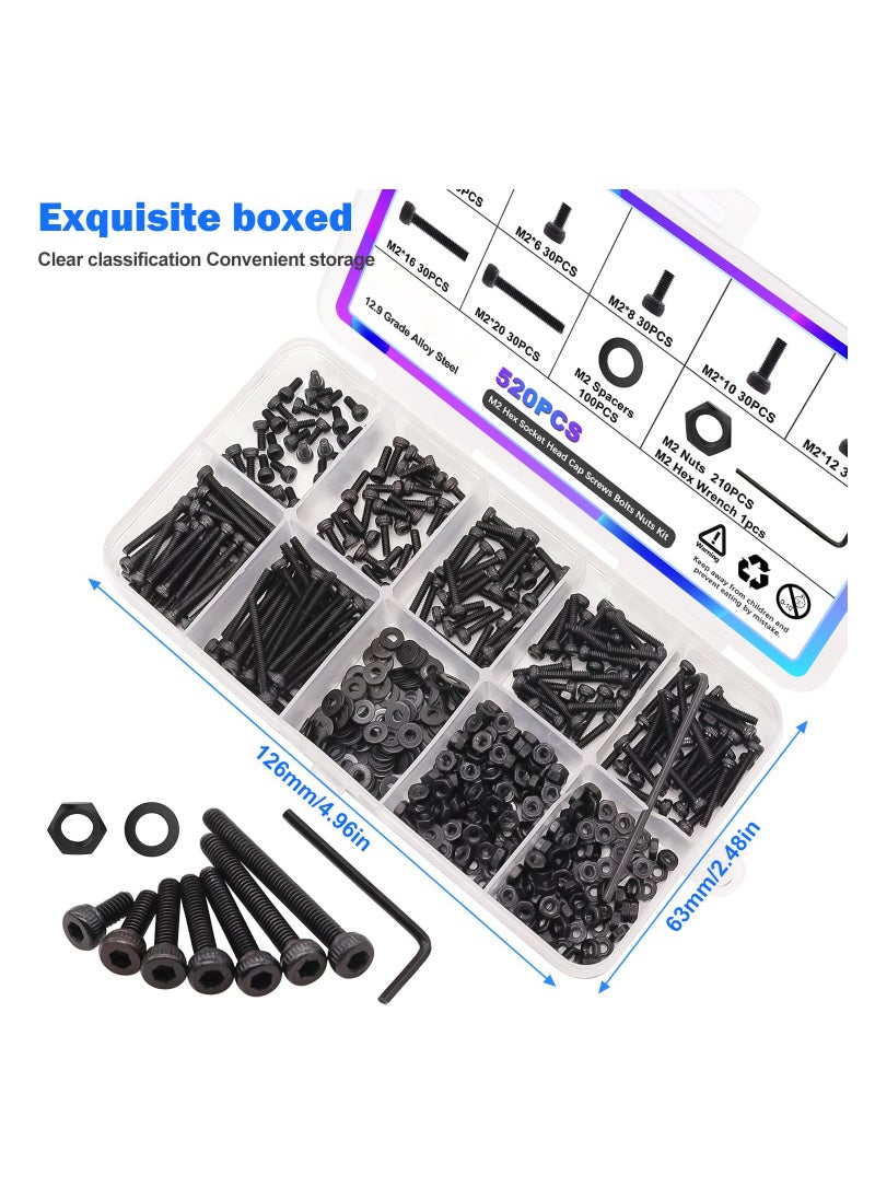 KASTWAVE - M2 Small Screw Assortment Suitable for 3D Printer DIY, M2 x 4/6/ 8/10/12/16/20mm Hex Socket Head Cap Screws Bolts Nuts Kit, 520PCS 12.9 Grade Alloy Steel Assorted Screws with Hex Wrench - Image 1