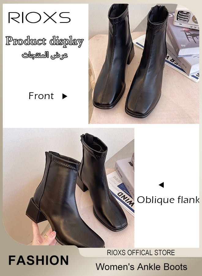 Women's Ankle Boots, Mid Heel Square Toe Boots, Women Patent Leather Boots, Chunky Heel Boots With Back Zippers, Ladies Fashion Short Booties, Classic Chelsea Silhouette Shoes, Black Boots For Women Daily Or Formal Wear, Party Cosplays Dance Booties