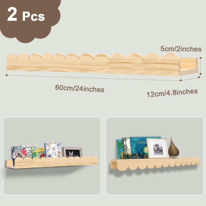icnjdMopclean Nursery Book Shelves 24Inches-Floating Shelves for Bedroom Kids, Scalloped Shelves for Wall 2 Pack, Scalloped Shelf for Toddler Room, Baby Room, Nursery Decor, Natural, Large - Image 4
