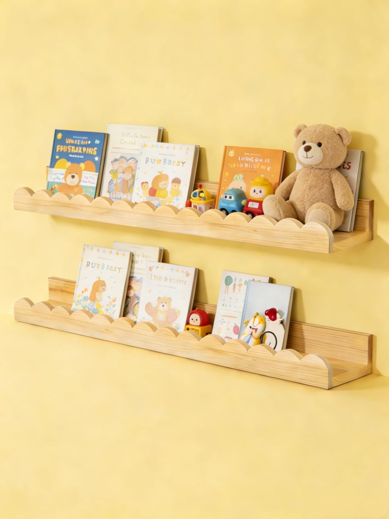 icnjdMopclean Nursery Book Shelves 24Inches-Floating Shelves for Bedroom Kids, Scalloped Shelves for Wall 2 Pack, Scalloped Shelf for Toddler Room, Baby Room, Nursery Decor, Natural, Large - Image 1