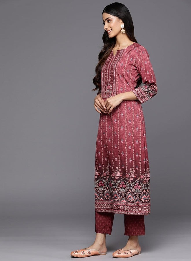 لباس طقم كورتة مستقيمة من قماش الكريب البوليستر المطبوع باللون العنابي من ليباس للنساء (34215RL) - Image 2