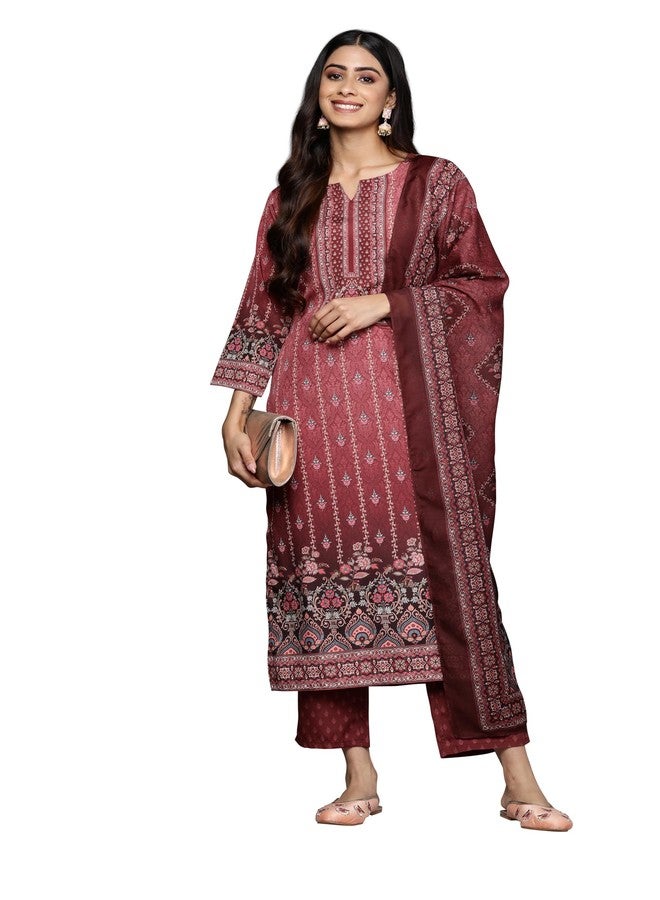 لباس طقم كورتة مستقيمة من قماش الكريب البوليستر المطبوع باللون العنابي من ليباس للنساء (34215RL) - Image 1