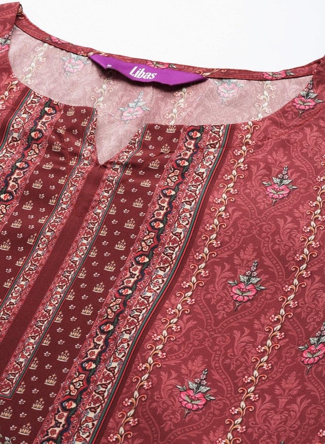 لباس طقم كورتة مستقيمة من قماش الكريب البوليستر المطبوع باللون العنابي من ليباس للنساء (34215RL) - Image 4