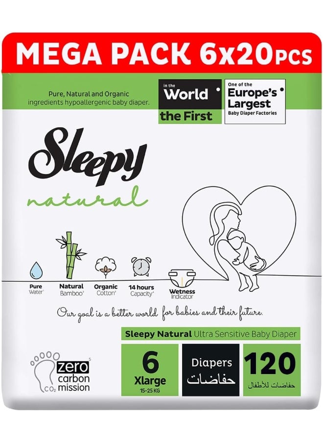Sleepy - Natural Size 6, 120 Count, 15-25Kg Hypoallergenic Baby Dry Diapers, Organic Cotton, Highly Absorbent, Bamboo Extract, 6X20 Ultimate Comfort And Dryness, 100% Leakage Protection - Image 1