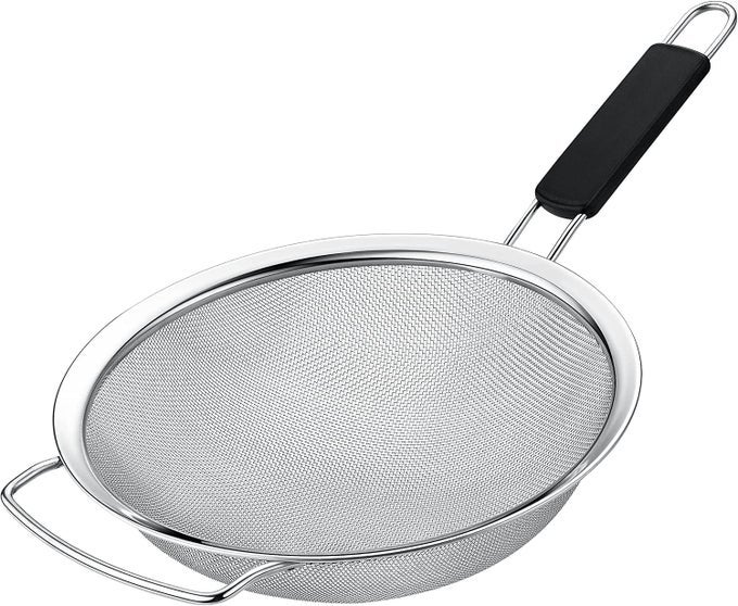 9 LARGE EXTRA FINE MESH STRAINER WITH THERMO PLASTIC RUBBER HANDLE SIEVE FINE MESH STAINLESS STEEL IDEAL TO STRAIN PASTA QUINOA AND RICE