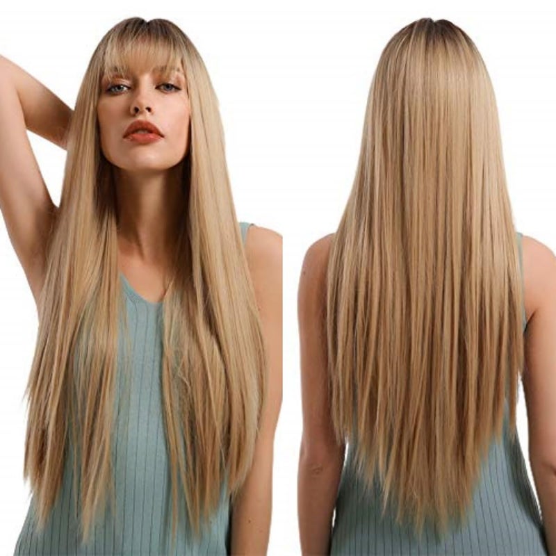 EMMOR Ombre Blonde Wig with bangs for Women Long Straight Natural Synthetic Hair Dark Root Wigs Party Cosplay Daily Use 28 Ombre Blonde
