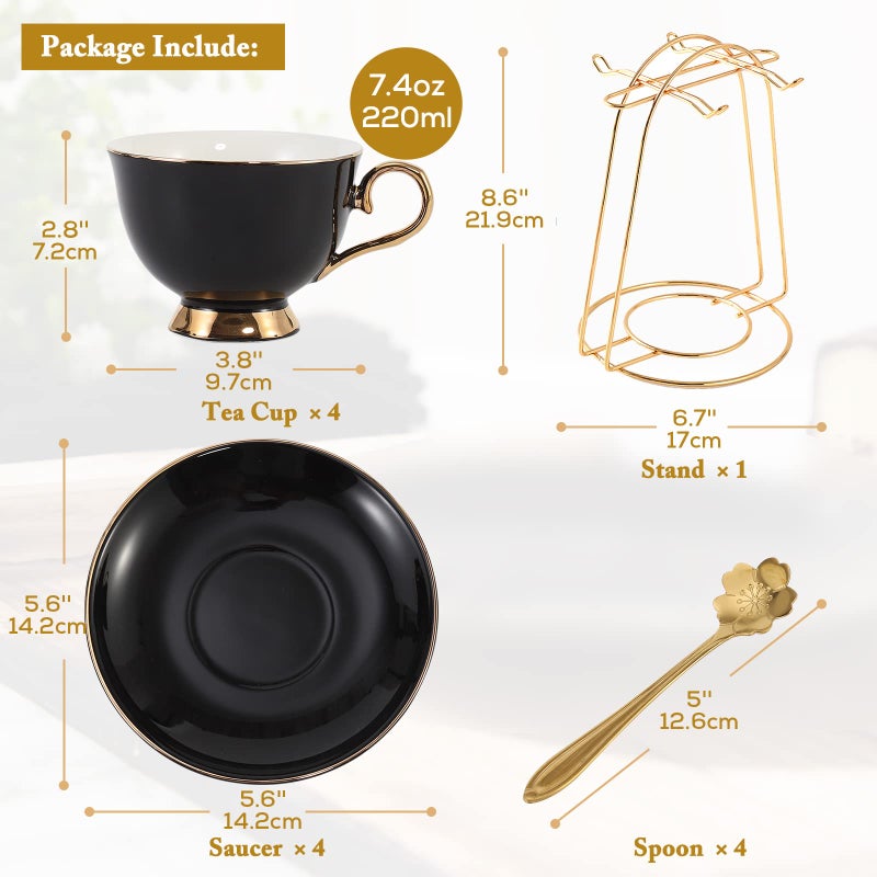 Dujust Tea Cups And Saucers Set Of 4 (7.4Oz)  Luxury Tea Cup Set With Golden Trim  Black Coffee Cups With Metal Stand  British Porcelain Tea Party Set - Black - Image 5