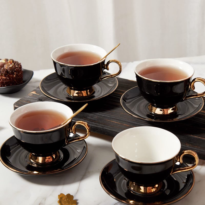 Dujust Tea Cups And Saucers Set Of 4 (7.4Oz)  Luxury Tea Cup Set With Golden Trim  Black Coffee Cups With Metal Stand  British Porcelain Tea Party Set - Black - Image 2