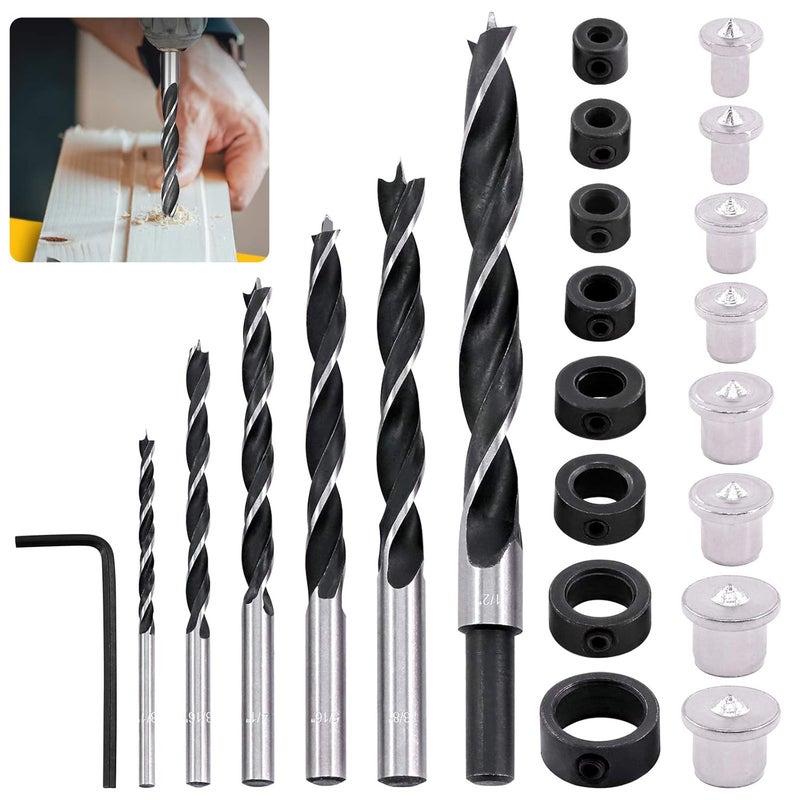 Rustark 23 Pcs Wood Drill Bit Set with Dowel Pins Center Point and Stopper, Woodworking Brad Point Bit Set Plugs Drill Hole Tool Perfect for Woodworking Carpentry Drilling - Image 1