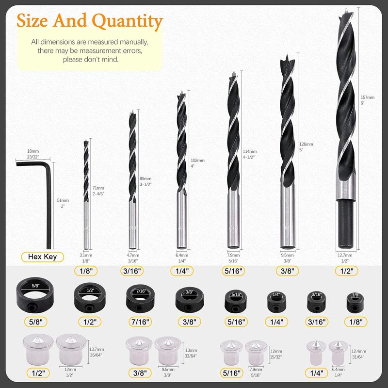 Rustark 23 Pcs Wood Drill Bit Set with Dowel Pins Center Point and Stopper, Woodworking Brad Point Bit Set Plugs Drill Hole Tool Perfect for Woodworking Carpentry Drilling - Image 2
