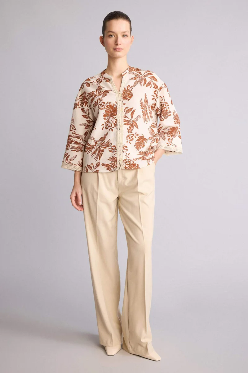 ديفاكتو Relax Fit Crew Neck Linen Blended Printed Long Sleeve Shirt