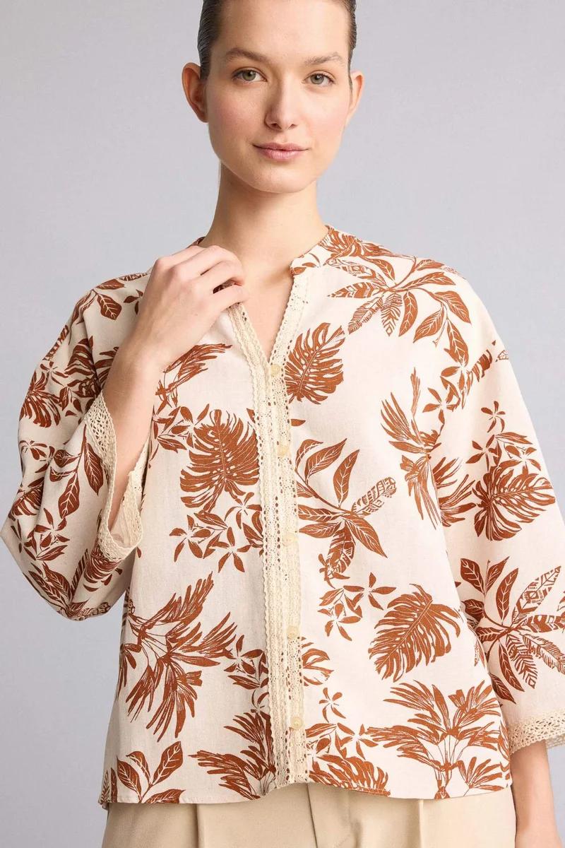 ديفاكتو Relax Fit Crew Neck Linen Blended Printed Long Sleeve Shirt