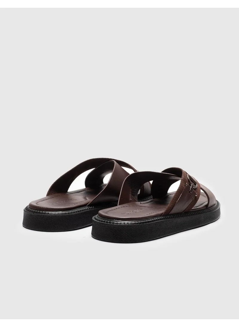 Cabani Leather Brown Belted Men's Casual Slippers