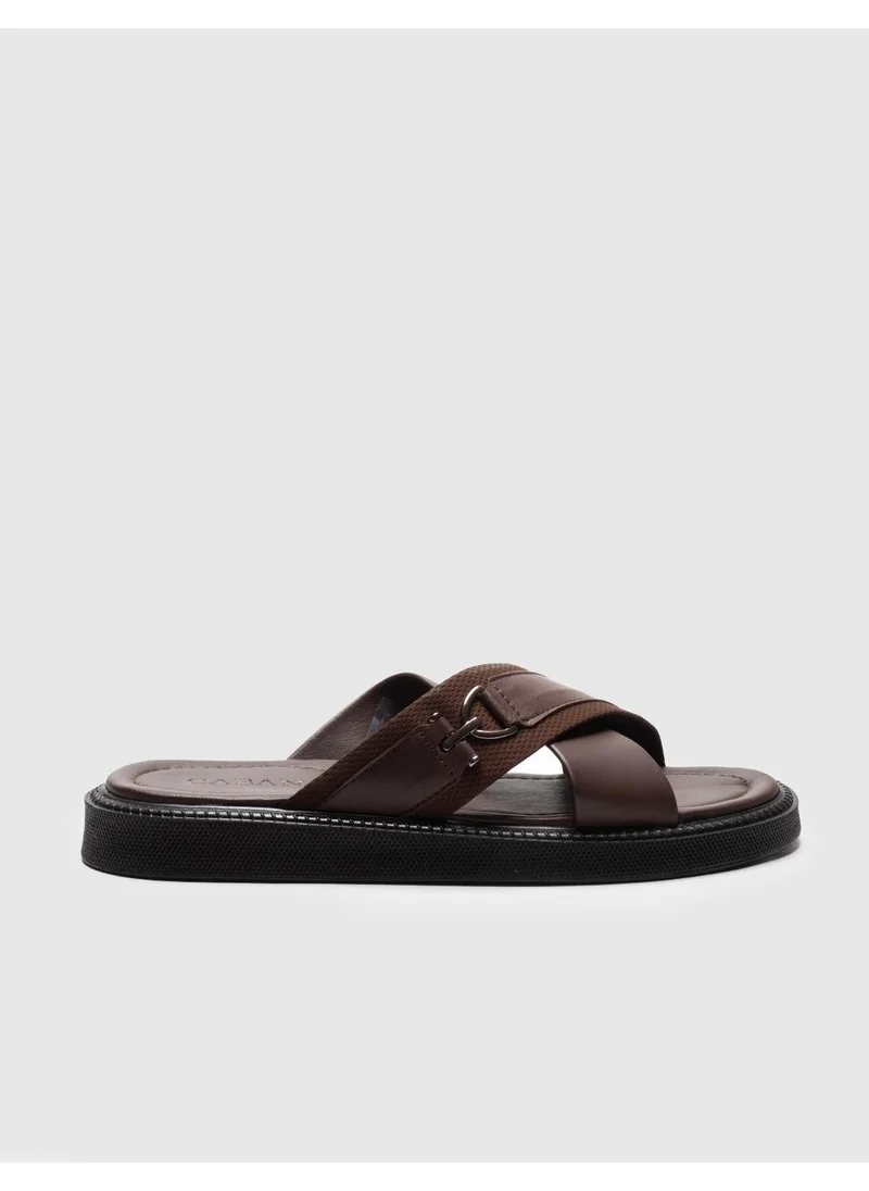Cabani Leather Brown Belted Men's Casual Slippers
