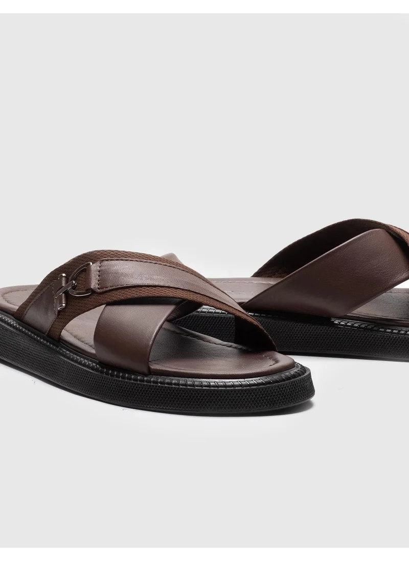 Cabani Leather Brown Belted Men's Casual Slippers