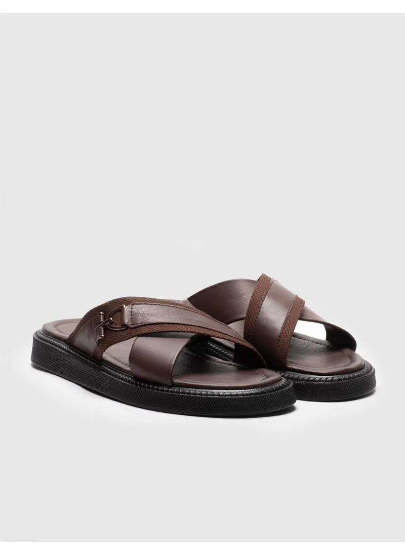Cabani Leather Brown Belted Men's Casual Slippers