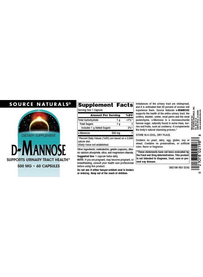 Source Naturals D-Mannose, Potent Urinary Tract & Bladder Health Support*, 500mg - 60 Capsules - Image 4