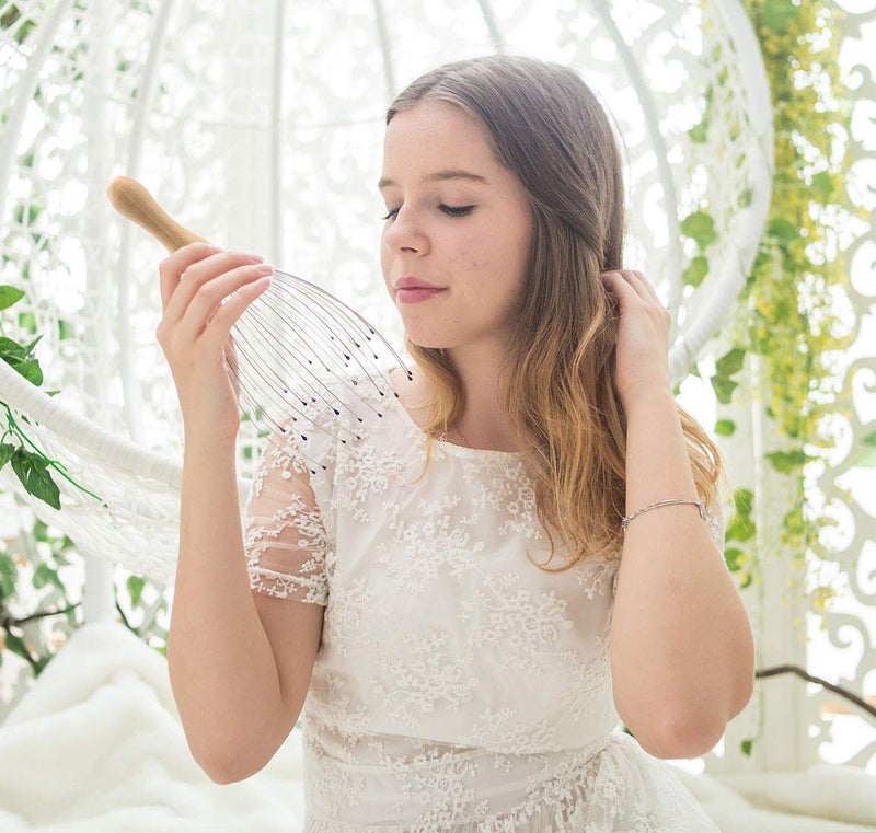 USAGA يوساكا 28 أصبع حكة الرأس، مدلك الرأس، مدلك فروة الرأس، مدلك خفق الرأس لتدليك الشعر والجسم والاسترخاء من التوتر، مدلك سلك بمقبض خشبي (عبوة 2) - Image 2