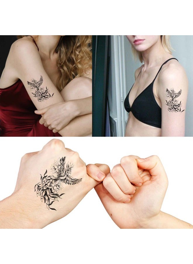 Dopetattoo 6 أوراق تاتو مؤقتة مزيفة للرجال البالغين رسم أسود أبيض لطائر الفينيق الرائع بين زهور جميلة تاتو مؤقت للنساء على الرقبة والذراع والصدر للنساء - Image 2