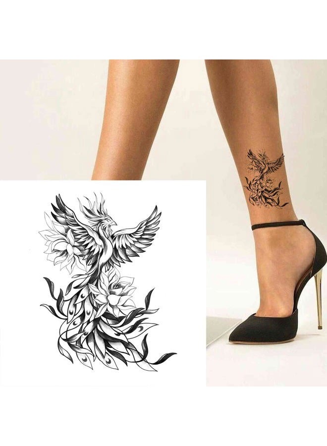 Dopetattoo 6 أوراق تاتو مؤقتة مزيفة للرجال البالغين رسم أسود أبيض لطائر الفينيق الرائع بين زهور جميلة تاتو مؤقت للنساء على الرقبة والذراع والصدر للنساء - Image 1
