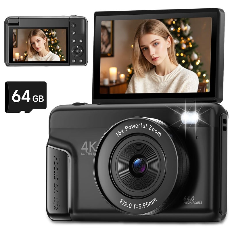 MINIBEAR 4K Digital Camera for Photography Autofocus 64MP Vlogging Camera for YouTube with 3 180 Flip Screen 16X Zoom Compact Travel Point and Shoot Camera with Flash for Beginners 64GB Card Black - Image 2