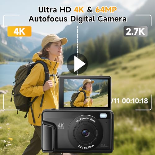 MINIBEAR 4K Digital Camera for Photography Autofocus 64MP Vlogging Camera for YouTube with 3 180 Flip Screen 16X Zoom Compact Travel Point and Shoot Camera with Flash for Beginners 64GB Card Black - Image 3