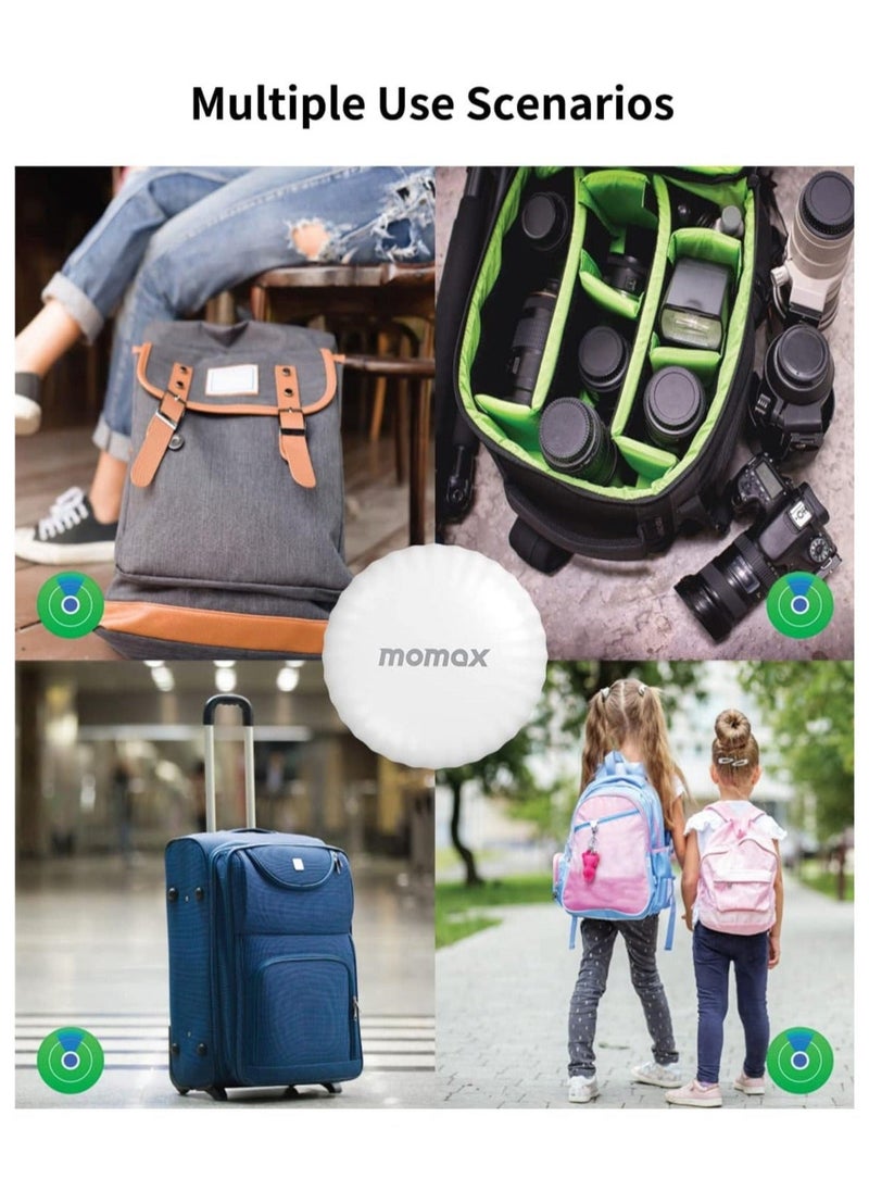 MOMAX Tracker Tag, Lost Key Finder Works with Apple Find My(iOS Only), Key Tracker with APP,Sound Location, 1 Year Replaceable Battery, Key Locator for Kid, Wallet ,Pet,(White, 4-Pack)