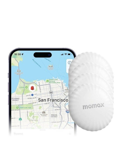 MOMAX Tracker Tag, Lost Key Finder Works with Apple Find My(iOS Only), Key Tracker with APP,Sound Location, 1 Year Replaceable Battery, Key Locator for Kid, Wallet ,Pet,(White, 4-Pack)