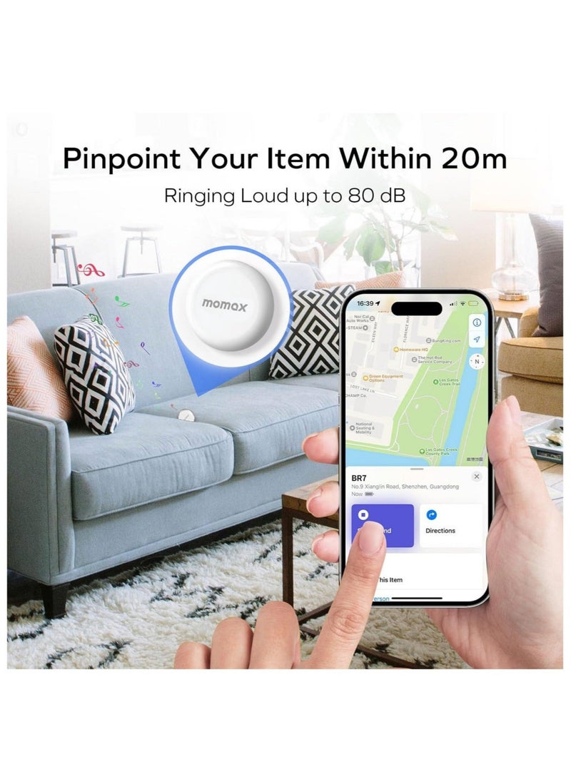 MOMAX Tracker Tag, Lost Key Finder Works with Apple Find My(iOS Only), Key Tracker with APP,Sound Location, 1 Year Replaceable Battery, Key Locator for Kid, Wallet ,Pet,(White, 4-Pack)