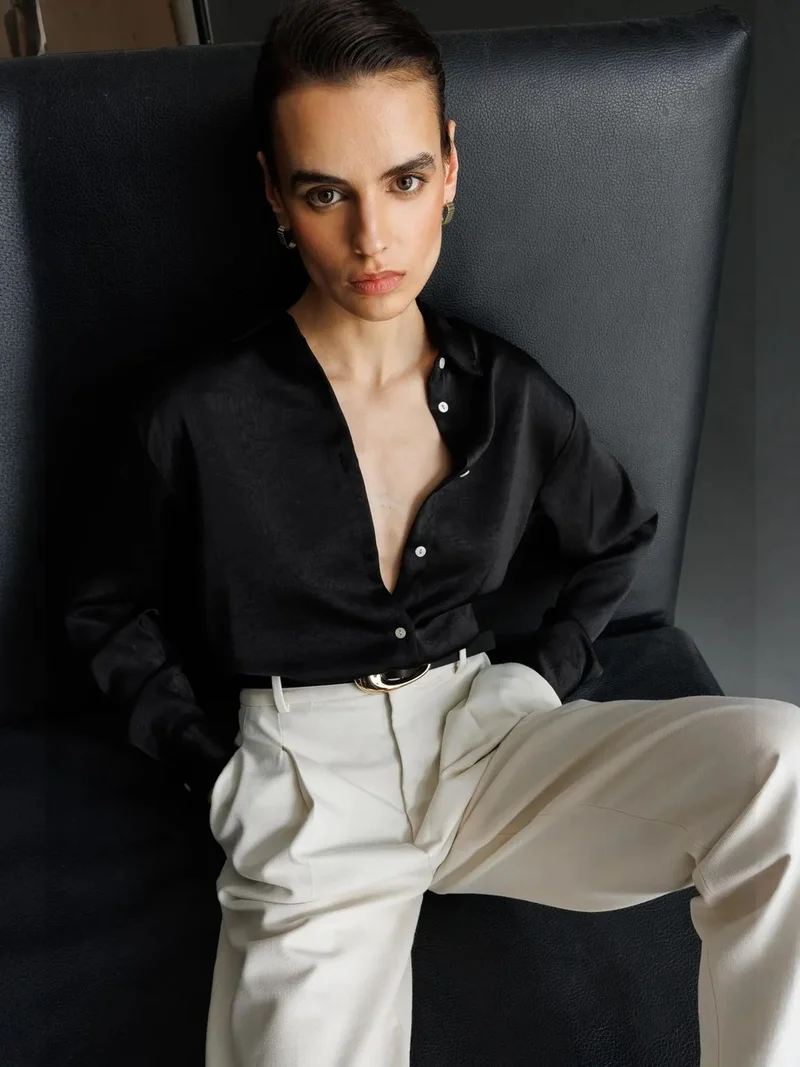 Mixray Black MIXRAY Regular Fit Satin Woven Button-Up Shirt for Women | Best Price UAE