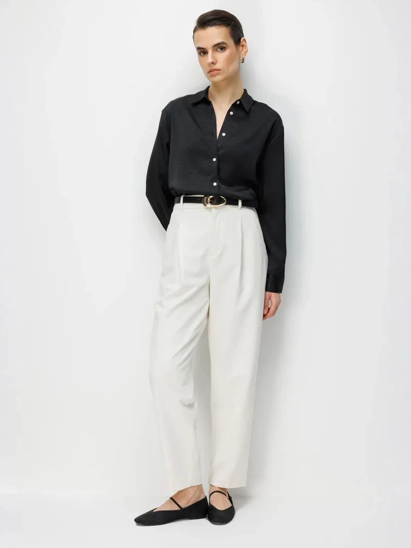 Mixray Black MIXRAY Regular Fit Satin Woven Button-Up Shirt for Women | Best Price UAE