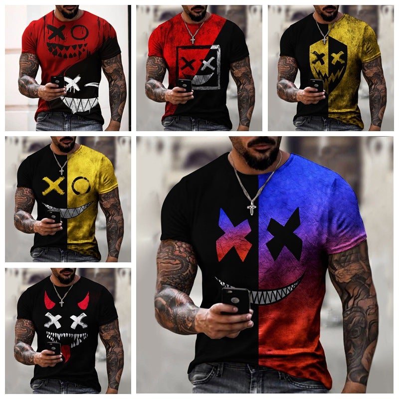 Fashion Color Matching Smiley 3D Printed T-Shirt Men'S Casual Loose Men'S 3D Printed Couples Short Sleeve - Image 2