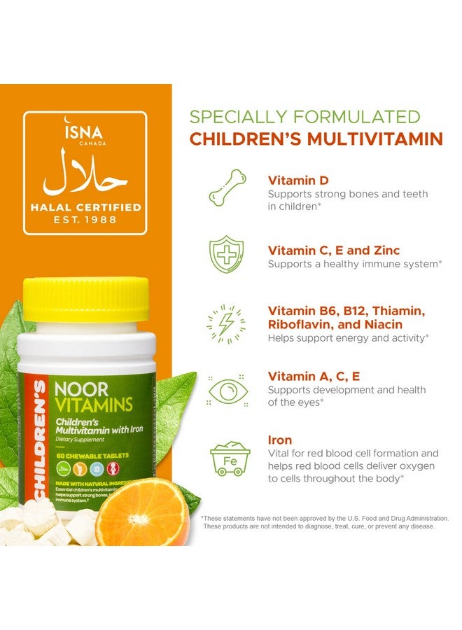 Noor Vitamins Noor Vitamins Halal Kids Multivitamin Chewable: Essential Vitamins for Immune, Bone & Eye Health with Iron - Non GMO & Gluten Free - Halal Vitamins 60 Count (2 Month Supply) - Image 3