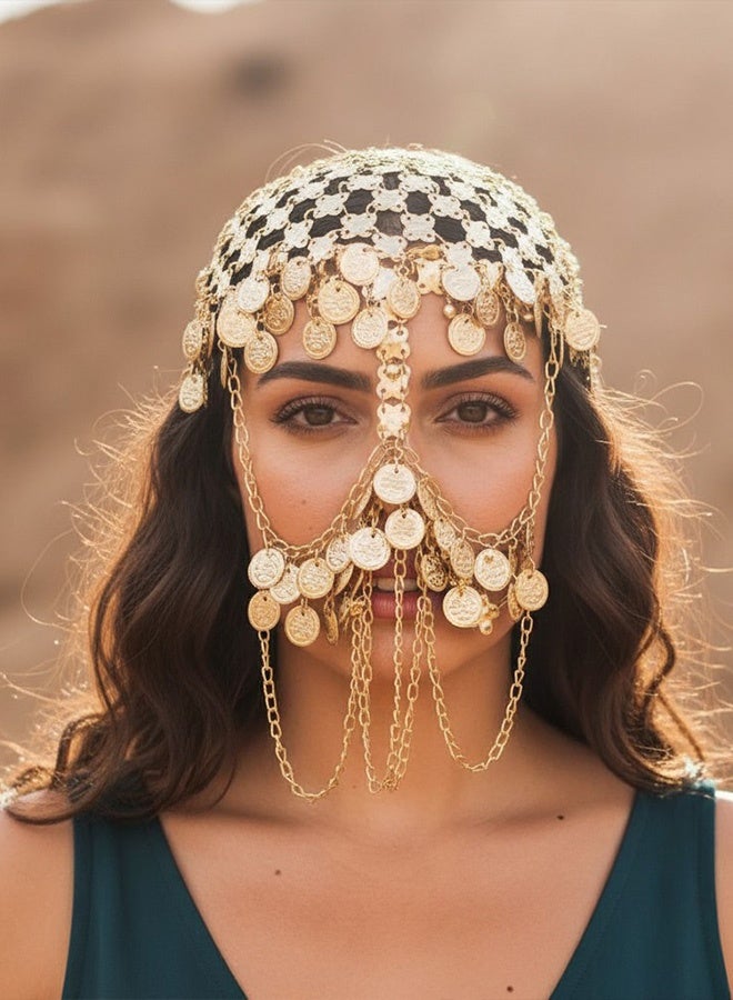 Women’s Belly Dance Set (Face Veil & Headpiece) with Coin Decor – 2 Pieces for Parties & Halloween - Image 1