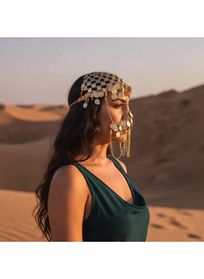 Women’s Belly Dance Set (Face Veil & Headpiece) with Coin Decor – 2 Pieces for Parties & Halloween - Image 2