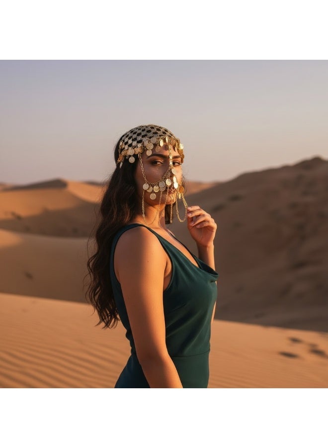 Women’s Belly Dance Set (Face Veil & Headpiece) with Coin Decor – 2 Pieces for Parties & Halloween - Image 4
