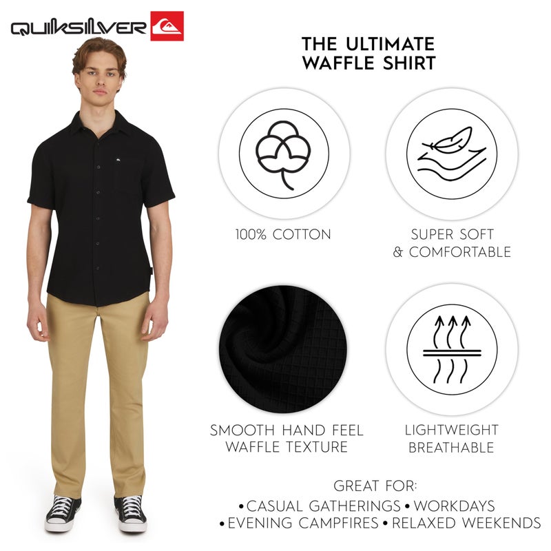 QUIKSILVER قميص كويك سيلفر للرجال بقصة عادية من القطن الفاخر بأكمام قصيرة مزود بأزرار، أسود، متوسط - Image 3