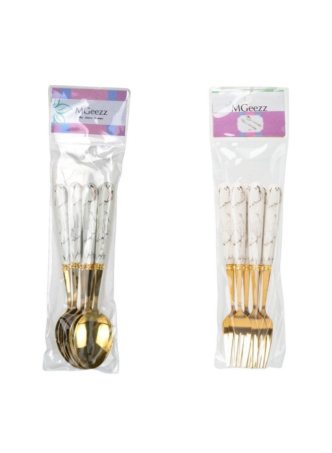 MGeezz Golden Stainless Steel Spoons & Forks Set for Home Kitchen & Restaurant Cutlery Dinner Table Bouillon Spoons Oval Edge with Ceramic Handle Tableware Fork Set(Golden 6 Big Spoons & 6 Big Forks) - Image 3