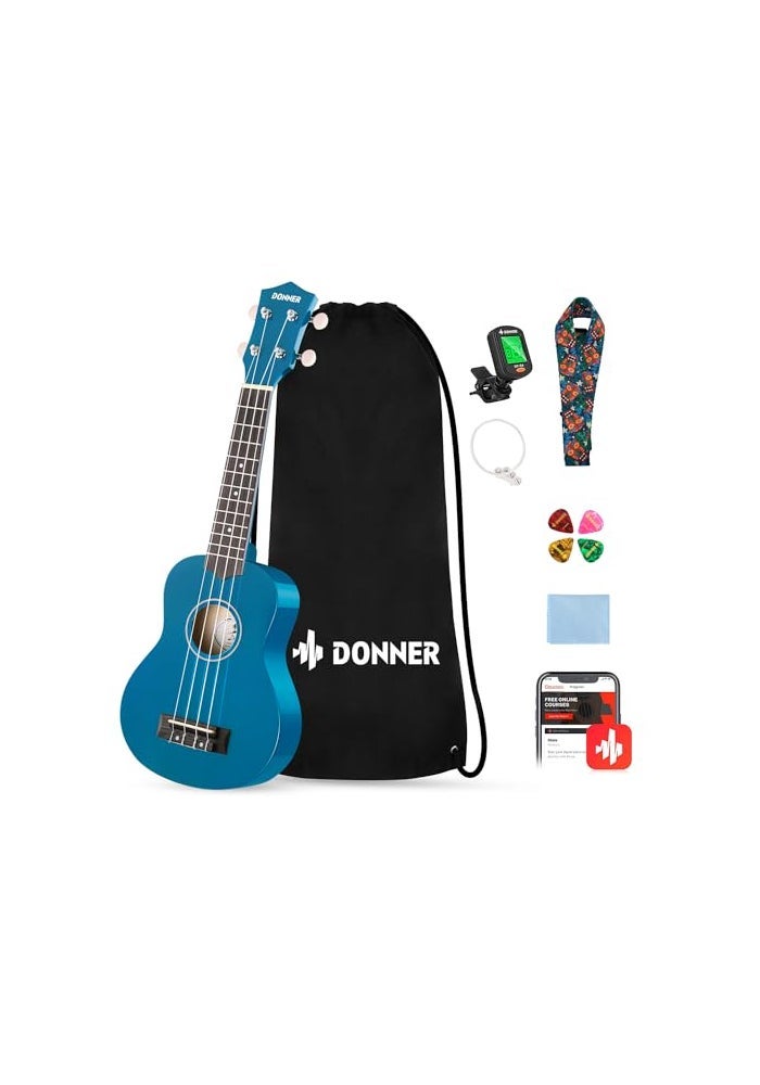 Donner Soprano Ukulele Starter Bundle Kit - 21 Inch Blue with Free Online Lessons - Image 1