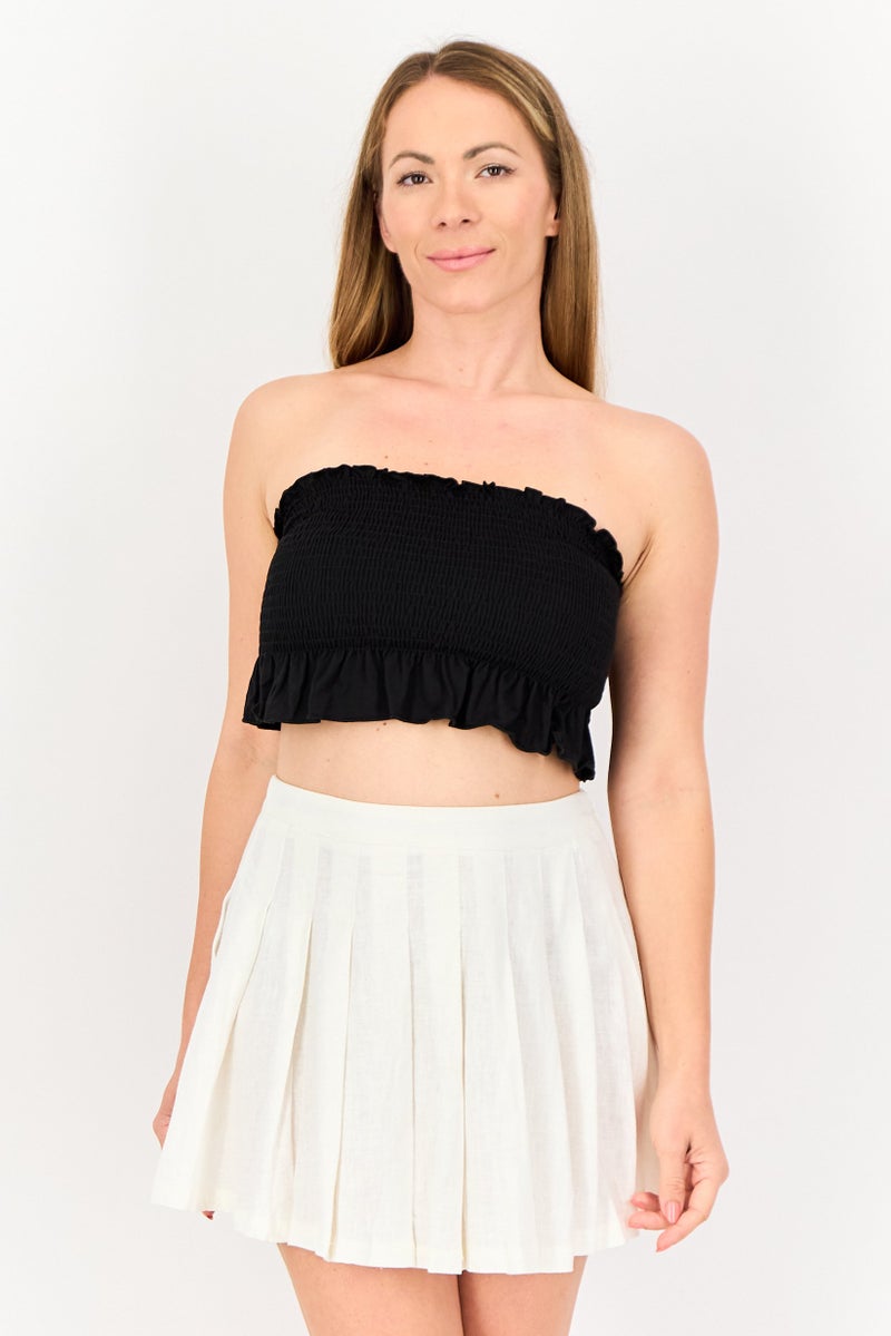 FOREVER 21 Women Straight Across Neck Strapless Ruched Top, Black - Image 1