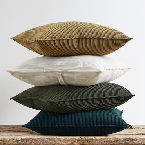 Fuhana Earth Tone Throw Pillow Covers 18x18 Inch Corduroy Set of 4 Decorative Couch Neutral Green Throw Pillow Cases Square Farmhouse Boho Velvet Cushion Covers for Sofa Bed Living Room Home Brown-White - Image 1
