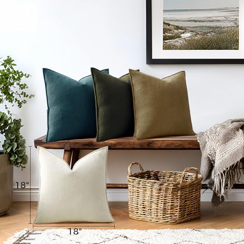 Fuhana Earth Tone Throw Pillow Covers 18x18 Inch Corduroy Set of 4 Decorative Couch Neutral Green Throw Pillow Cases Square Farmhouse Boho Velvet Cushion Covers for Sofa Bed Living Room Home Brown-White - Image 2