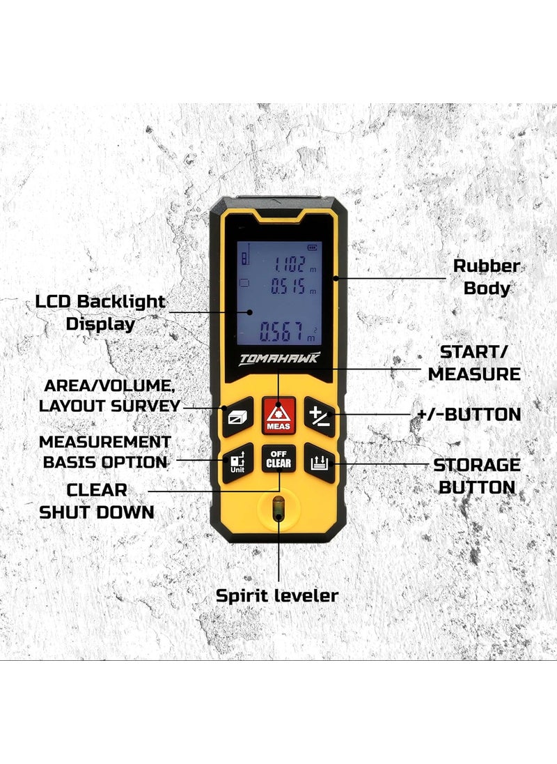Tomahawk - TOMAHAWK TLMO40 Laser Distance Meter Measurer 131Ft40M with Area Volume and Pythagoras Measurement Water and Dust Resistant Laser Measuring Device with Backlit LCD Battery Included - Image 1