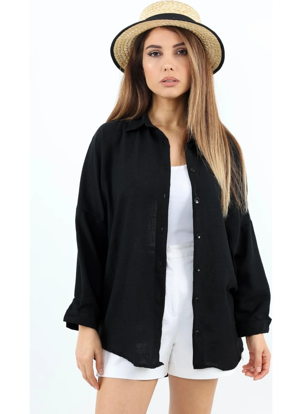 ريتنيس Women's Linen Comfy Long Black Shirt
